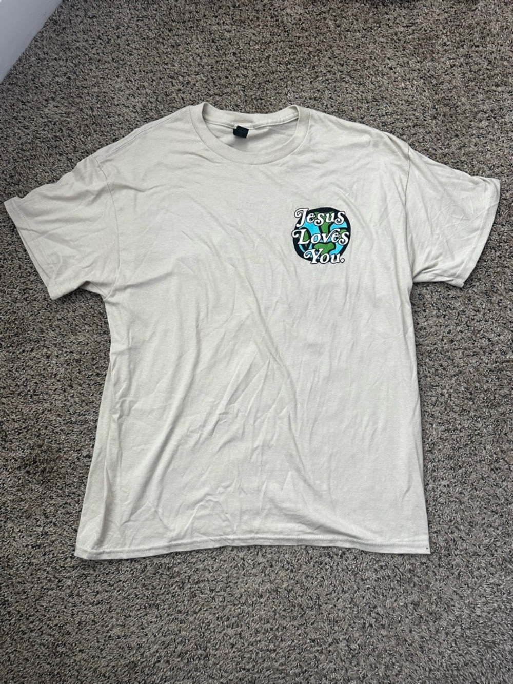 Gildan Cream Short-Sleeve Tee with Colorful 'Jesus Loves You' Graphic